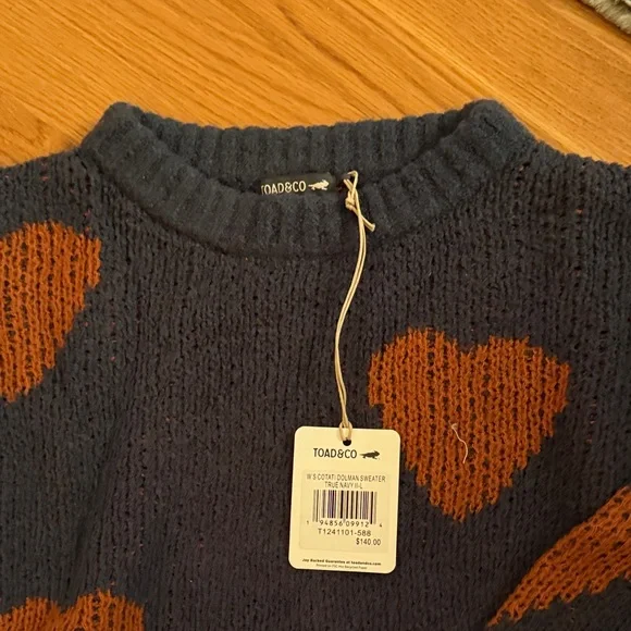 Toad&Co Dark Blue Sweater with Orange Heart Patterns - Picture 3 of 6